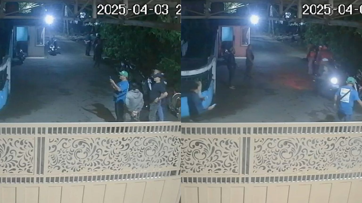 Tangkapan layar CCTV menunjukkan sejumlah orang berkumpul di depan rumah pimpinan Media Fakta Group, Kamis Malam (3/4/2025).