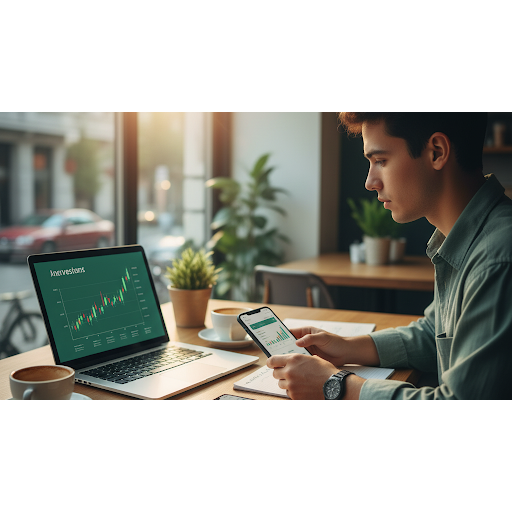 Seorang pemuda Gen Z serius mengelola keuangan digitalnya menggunakan laptop dan smartphone di kafe, menunjukkan investasi dan manajemen uang.